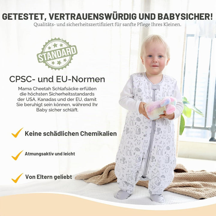 Baby Schlafsack mit Füsse 1.0 TOG, Ganzjahres Schlafsack, Bio-Baumwolle Baby Schlafsäcke ohne Ärmeln
