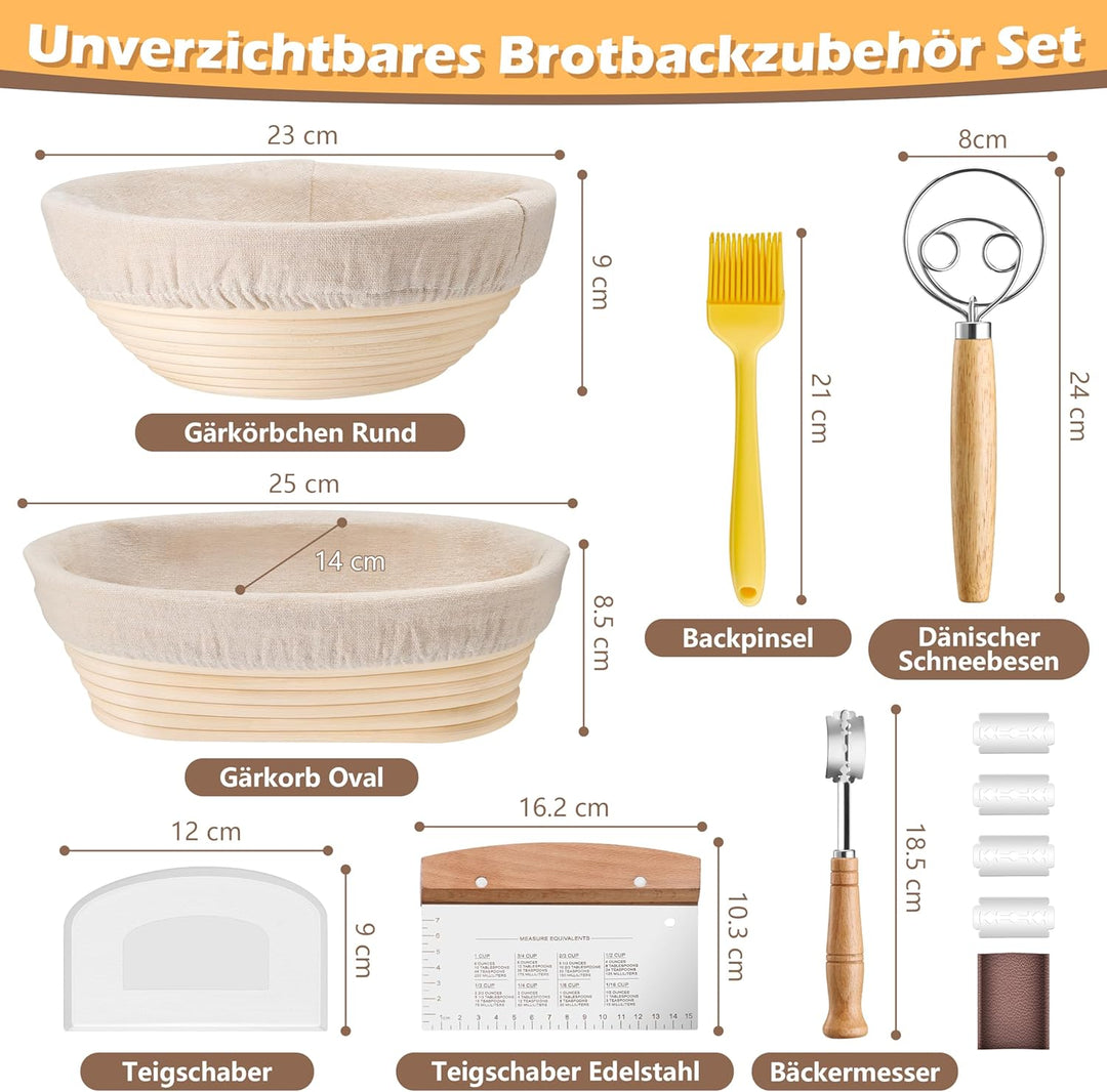 HaWare Gärkörbchen, Gärkorb Brot Set (25cm Oval & 23cm Rund) mit Futter, Bäckermesser, Dänischer Sch