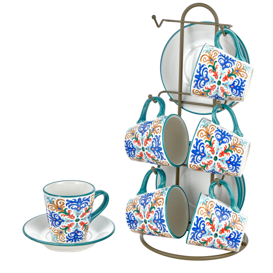 Baroni Home Set von dekorierten Keramik-Espressotassen mit Untertassen und Ständer, farbiges und rob