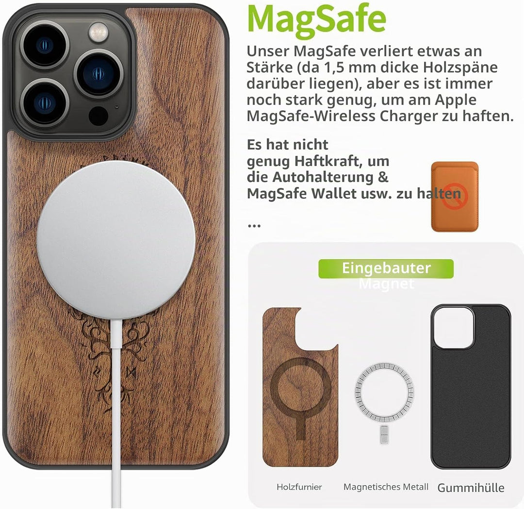 Carveit Magnetisch Hülle für iPhone 13 Pro Case [Elegante Walnuss] [Weich TPU Stossstange] Stossfest