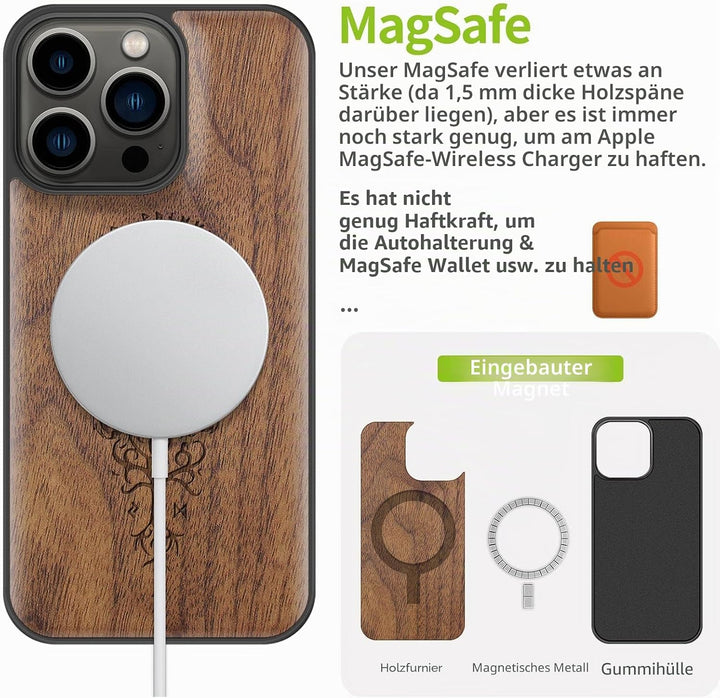 Carveit Magnetisch Hülle für iPhone 13 Pro Case [Elegante Walnuss] [Weich TPU Stossstange] Stossfest