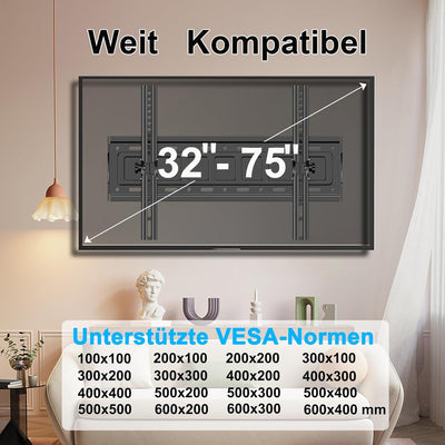 JXMTSPW TV Wandhalterung Neigbar Halterung für die 32-75 Zoll TV LCD LED Flach&Curved Fernseher Halt