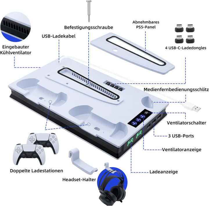 Wigearss Vertikaler PS5 Lüfter Ständer Kühlstation mit Dual-Controller-Ladung für PS5/PS5 Slim UHD/D