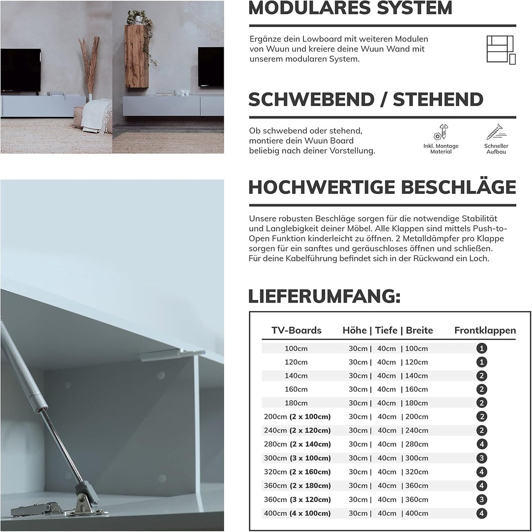 Wuun® TV-Schrank Lowboard Somero | 180cm | Korpus Perl-Matt-Grau - Front Weiss-Matt Perl-matt-grau -