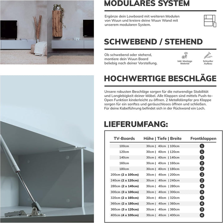 Wuun® TV-Schrank Lowboard Somero | 180cm | Korpus Perl-Matt-Grau - Front Weiss-Matt Perl-matt-grau -