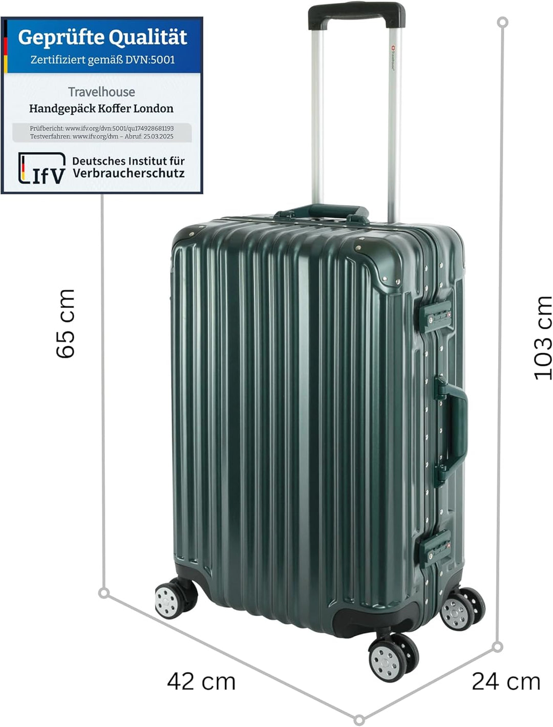Travelhouse London Koffer Grün M-65cm · Alu-Rahmen · Polykarbonat Hartschale · Trolley Reisekoffer R