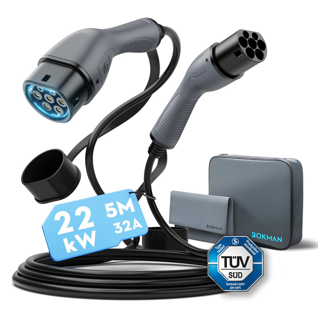 bokman Typ 2 Ladekabel, Modus 3 / 32A / 22 kW / 3-Phasig / 5 Meter, Typ 2 auf Typ 2 EV Ladekabel für