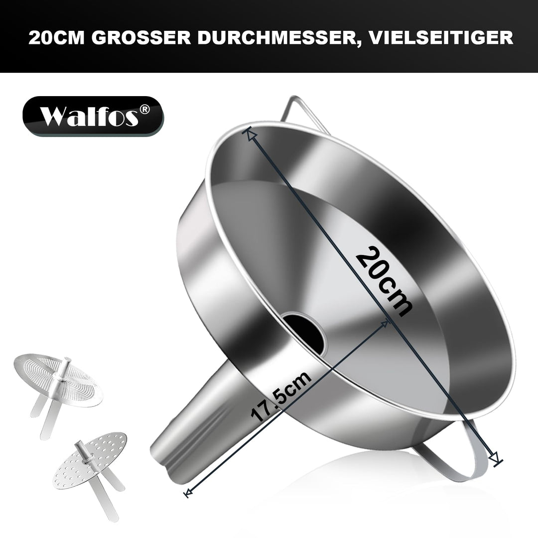 Walfos Trichter Edelstahl Gross 20cm, KüChentrichter Mit 2 Abnehmbaren Sieben ＆ 1 StüCk Reinigungsbü