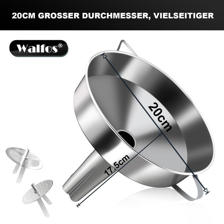 Walfos Trichter Edelstahl Gross 20cm, KüChentrichter Mit 2 Abnehmbaren Sieben ＆ 1 StüCk Reinigungsbü