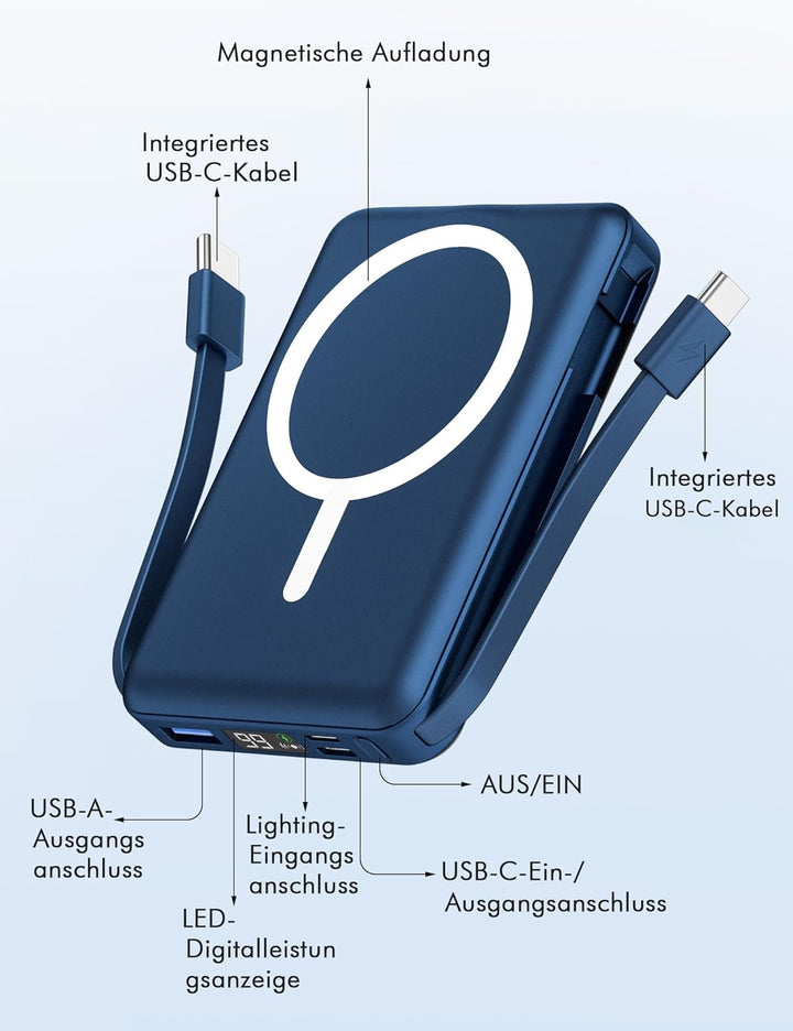 Podoru for Magsafe Powerbank, 10000mAh Magnetische Wireless Power Bank mit USB-C Kabel PD 20W Schnel