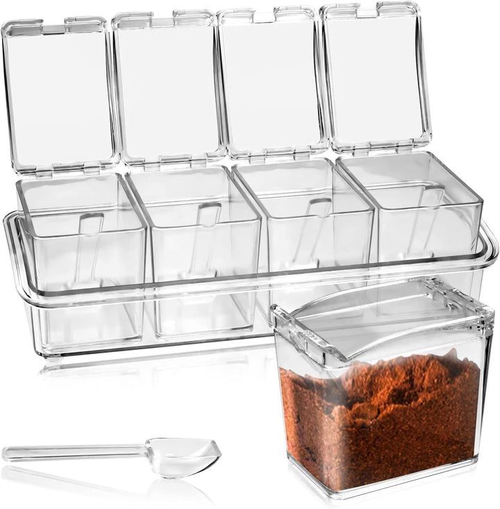 4 Stück Küche Gewürzbox Acryl Würze Box Transparent Gewürzbehälter Spice Dosen mit Löffeln und Abdec