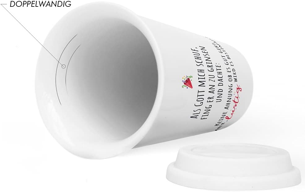 JUNIWORDS To-Go Becher mit Deckel, Als Gott mich schuf, fing er an zu grinsen und dachte, keine Ahnu