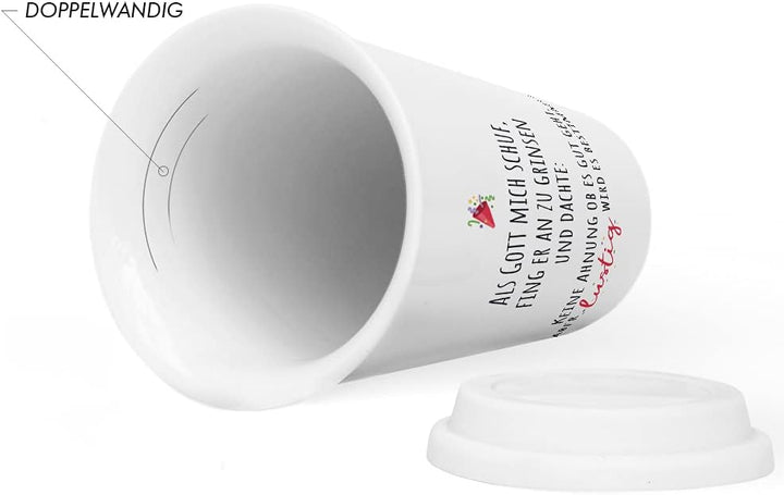 JUNIWORDS To-Go Becher mit Deckel, Als Gott mich schuf, fing er an zu grinsen und dachte, keine Ahnu