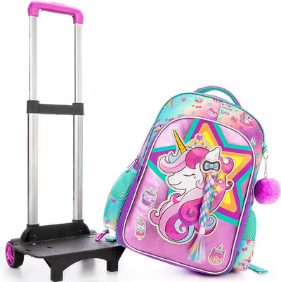 HTgroce Trolley Schulranzen Schulranzen mit Rollen Einhorn Trolley für Mädchen,Schulranzen Mädchen E