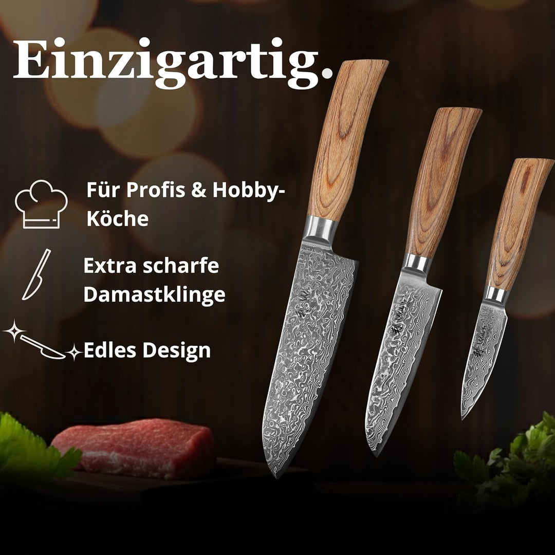 Wakoli EDIB Pro Premium 3er Damastmesser-Set mit 8-16 cm Klingen gefertigt aus 67 Lagen echtem Damas
