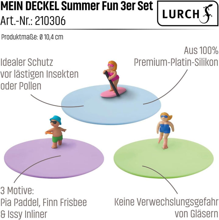 LURCH Mein Deckel Summer Fun 3er Set, Glasabdeckung aus BPA-freiem Platin Silikon Ø 10,5cm, Bunt, Su