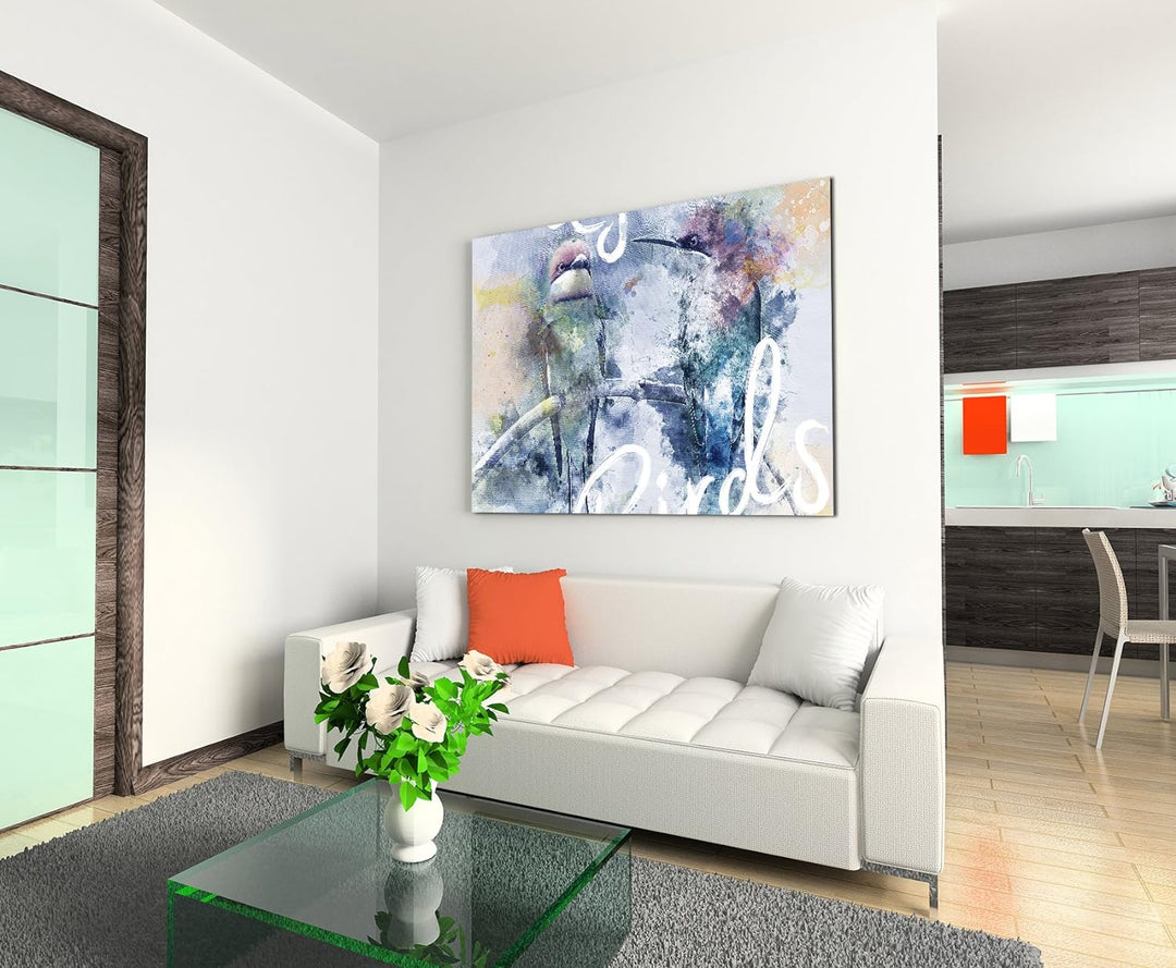 Paul Sinus Art Bild Leinwand 80x60cm Vogel auf Zweig in Blautönen mit Kalligraphie, 80x60cm
