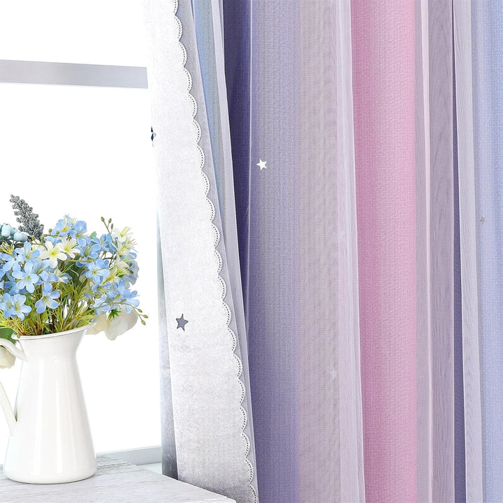 Freyamy Wohnzimmer Gardinen Blau Lila Rosa Glänzend Sterne Vorhänge Halbtransparent 130x100 (HxB) Ös