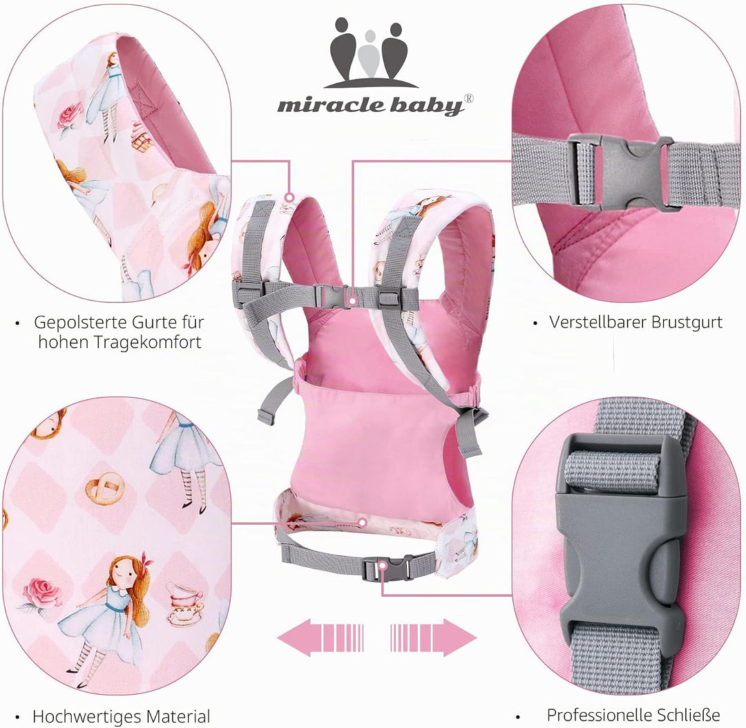 Miracle Baby Babypuppentrage für Kinder, Vorder- und Rückentrage mit verstellbaren Trägern für Mädch