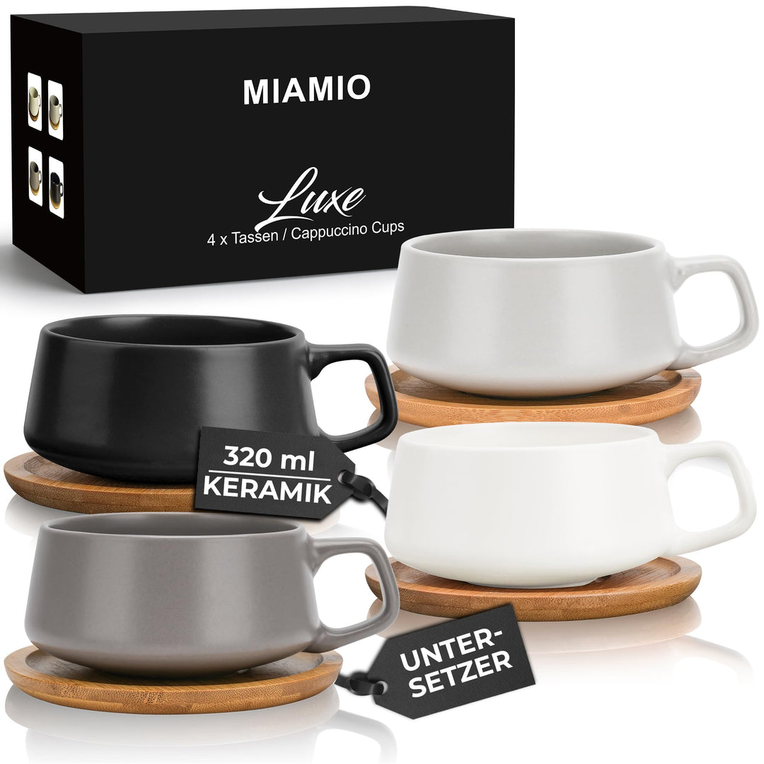 MIAMIO - 4 x 320 ml Kaffeetassen/Cappuccino Tassen mit Unterteller/elegant/modern/Kaffeebecher aus S