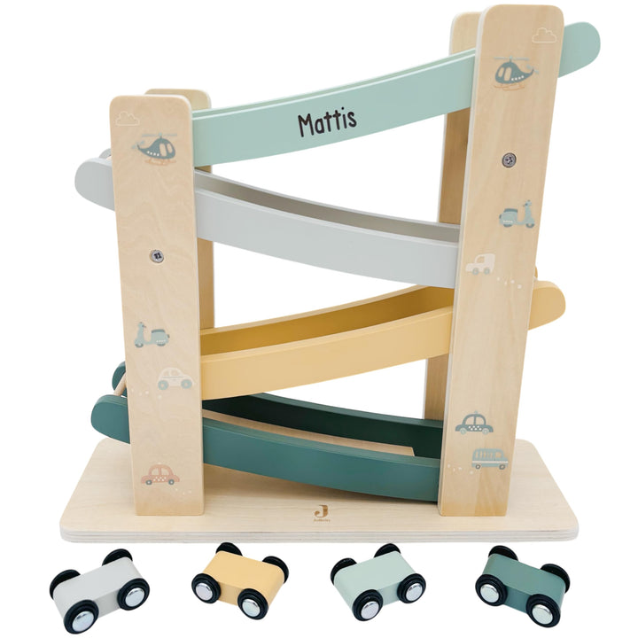Kugelbahn Holz mit Autos personalisiert Holzspielzeug Baby Geschenk Babygeschenk Taufgeschenk für Mä