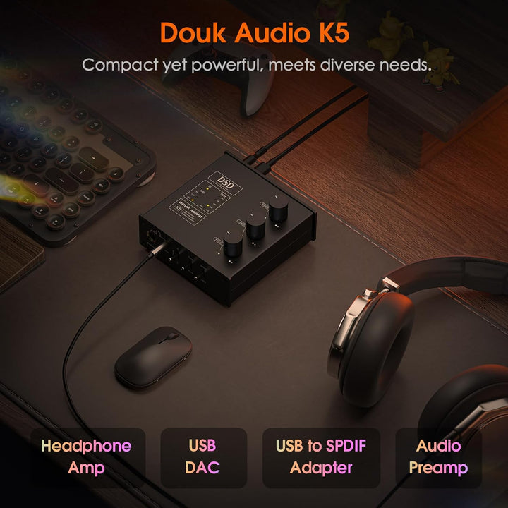Douk Audio K5 PC DAC Kopfhörerverstärker mit USB & Optischem Eingang DSD256 für Verstärker, Lautspre