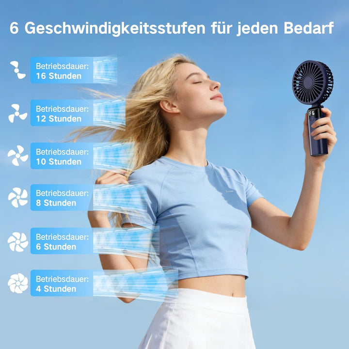 Handventilator, Tragbarer Mini Ventilator mit 4000mAh Akku, 6 Geschwindigkeitsstufen, 90° Faltbar Ha