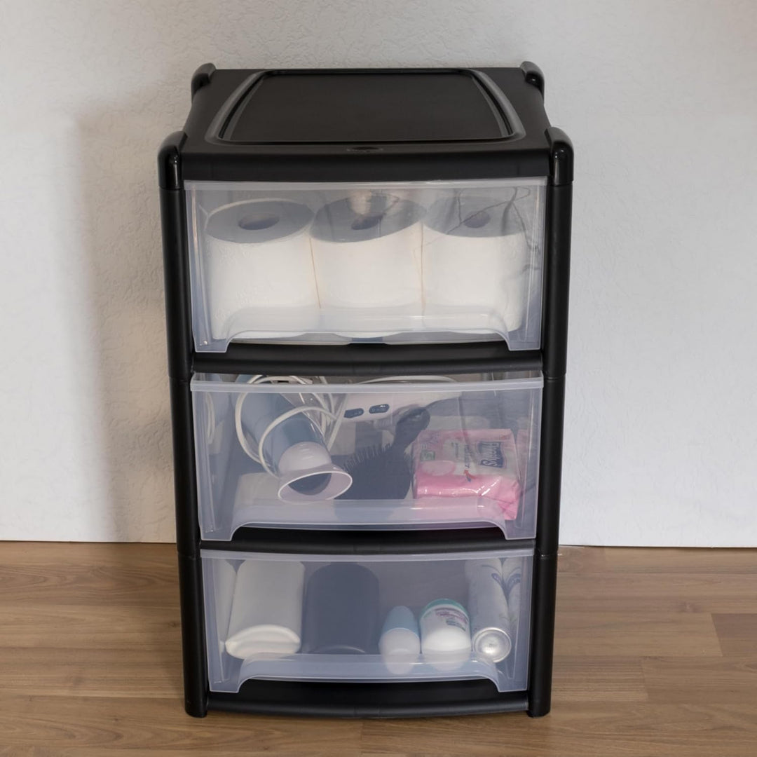 Schubladenbox 3 Schubladen 38x38x61cm schwarz-transparent Kunststoff Box Schwarz 3 Schubladen, Schwa