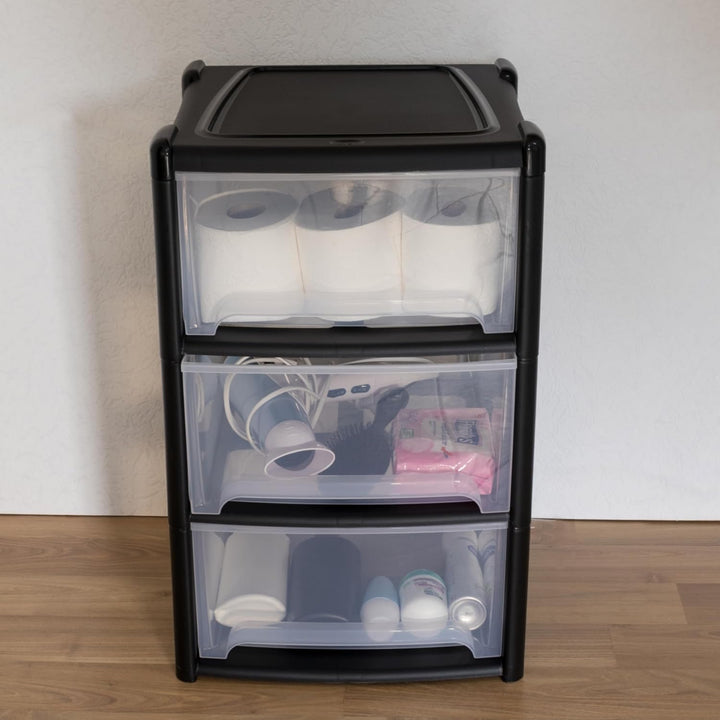 Schubladenbox 3 Schubladen 38x38x61cm schwarz-transparent Kunststoff Box Schwarz 3 Schubladen, Schwa