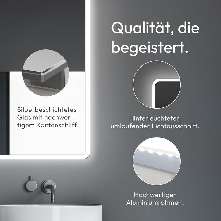 Talos Badspiegel mit Beleuchtung Moon - Badezimmerspiegel 180 x 70 cm - mit umlaufenden Raumlicht -