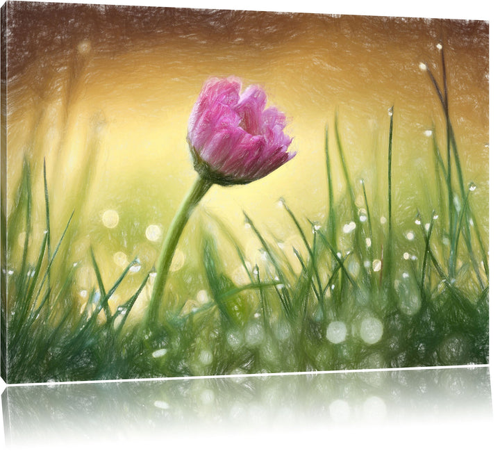 Pixxprint rosa Gänseblümchen im Gras Kunst Buntstift Effekt, Format: 100x70 auf Leinwand, 100x70
