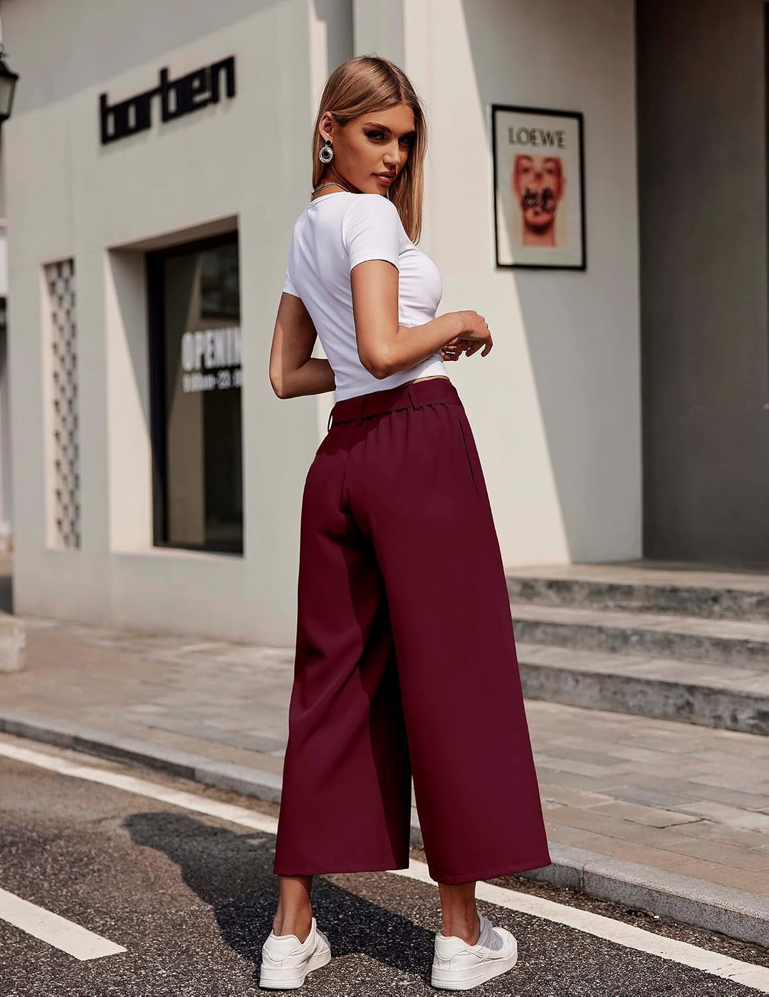 Beyove Damen Weite Hose 7/8 Sommerhose High Waist Elegant Business Hosen Schlaghose Gestreifte Anzug