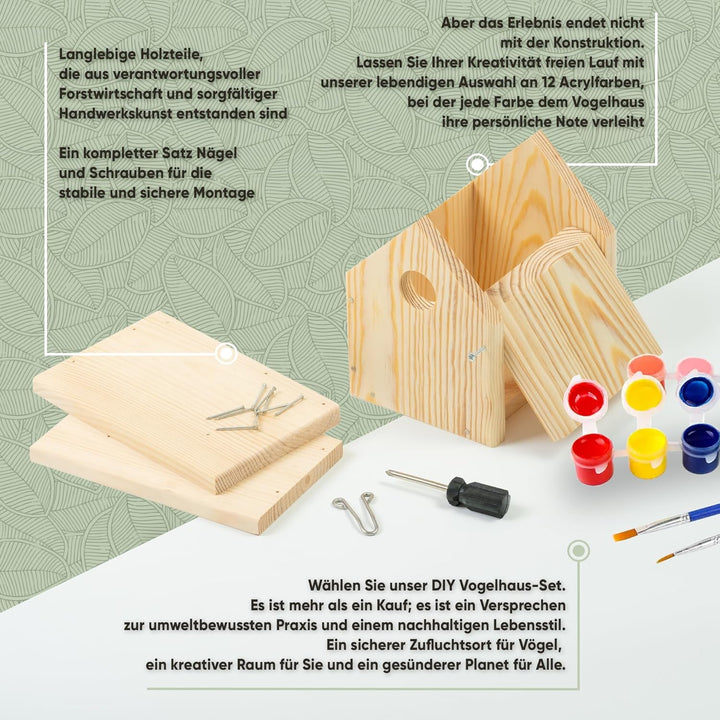 Mice&Co DIY Vogelhaus - Holzvogelhaus zum Bemalen, Nistkasten Bausatz, Montagekit mit Farben, Aussen