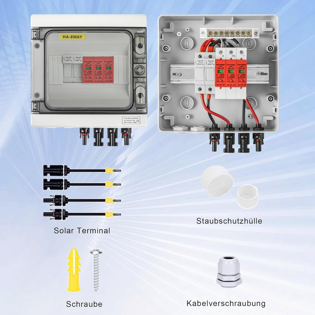 Warmfay Überspannungsschutz PV Solar Blitzschutz 1000V DC 32A T2, PV Anschlusskasten 1 String 6 Modu
