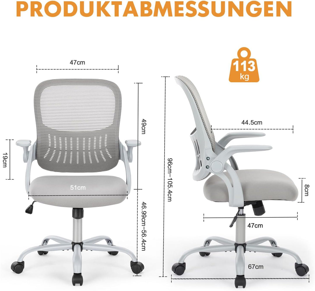 DUMOS Bürostuhl Ergonomisch, Schreibtischstuhl mit Lendenwirbelstütze, Verstellbaren Armlehnen Drehs