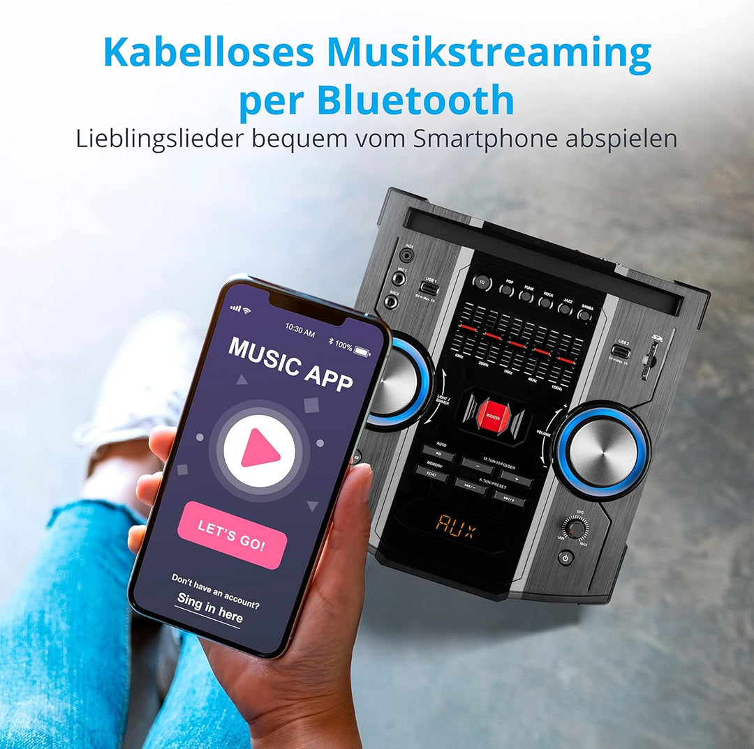 MEDION X67015 Party-Soundsystem mit Bluetooth 2.1 (Kompaktanlage, 1000 Watt, 2 x 100 Watt RMS, PLL U