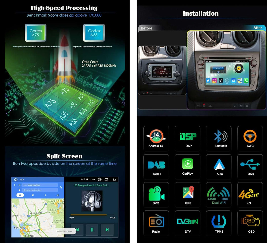 Erisin 8-Kern 4GB+64GB 7 Zoll Autoradio Android 14 GPS Navigation Für Alfa Romeo Mito Unterstützt Bl