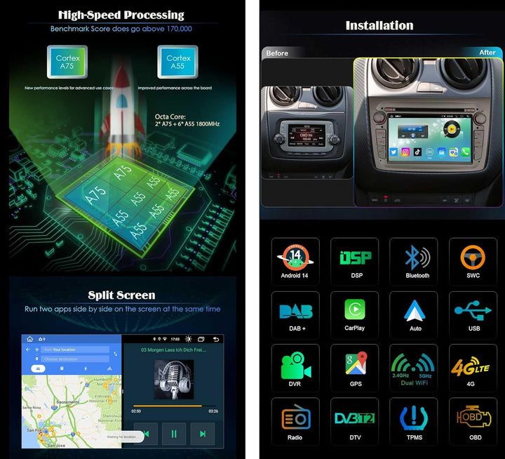 Erisin 8-Kern 4GB+64GB 7 Zoll Autoradio Android 14 GPS Navigation Für Alfa Romeo Mito Unterstützt Bl