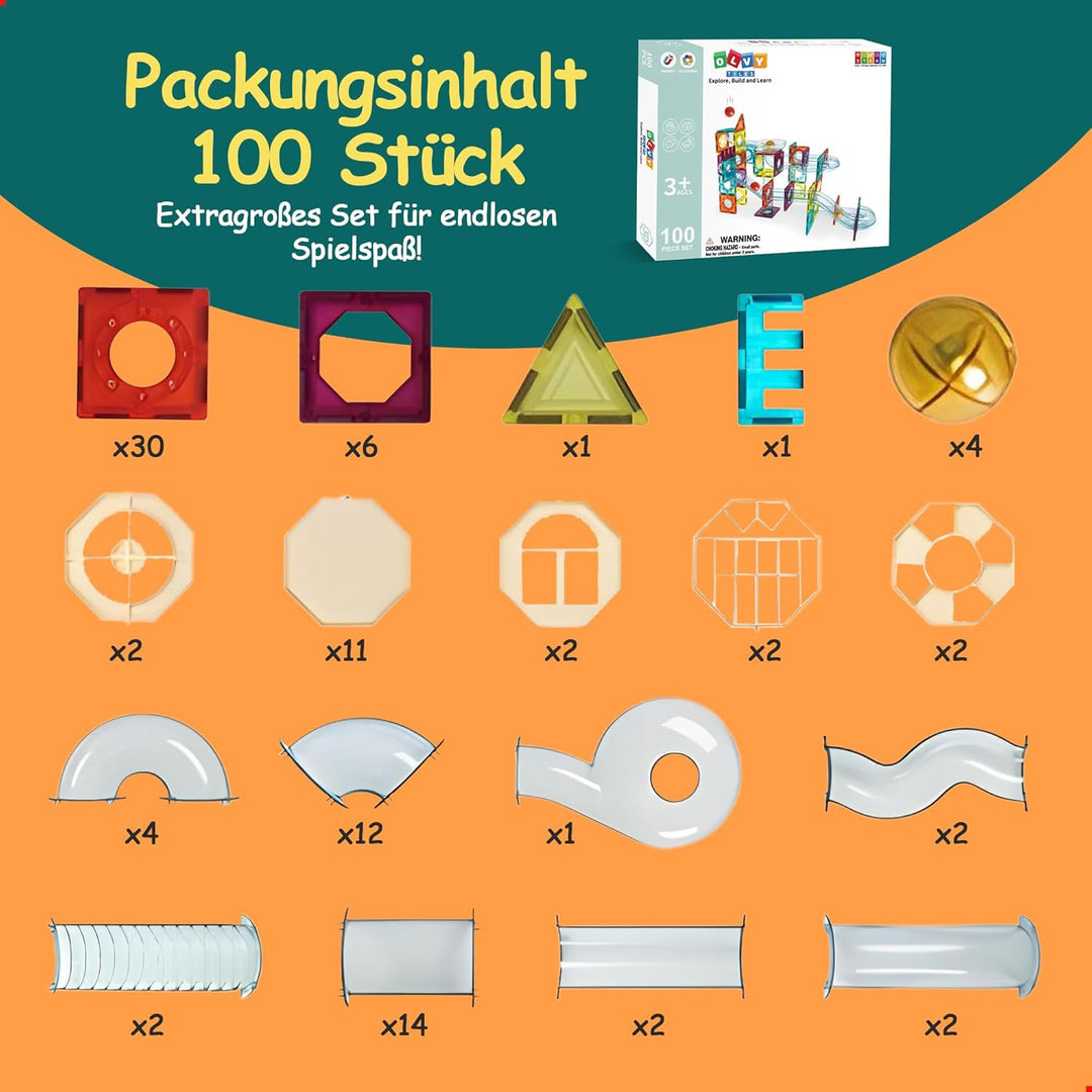 Olvy Magnetische Bausteine Montessori Spielzeug - 100 Magnetic Tiles Kinder - Murmelbahn Magnetische
