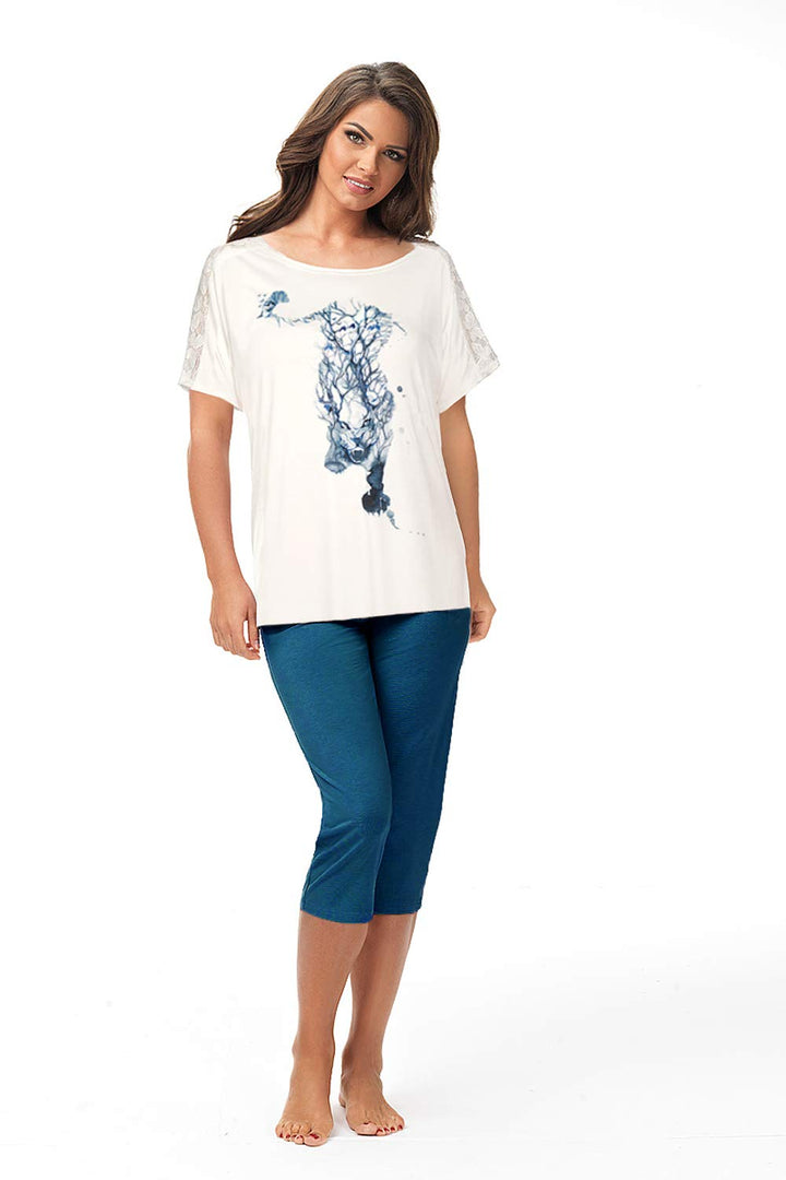 e.Femme® Damen Schlafanzug Susan 798 aus Viskose, mit Tiger- Aufdruck 40 Ecru/ Druck Pertol, 40 Ecru