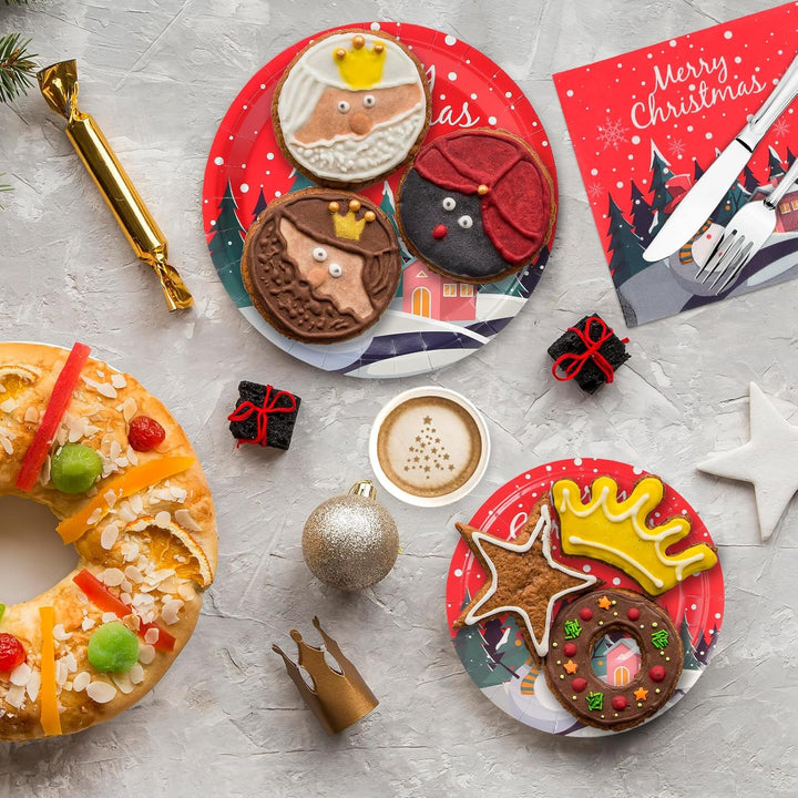 96 Stück Pappteller Weihnachten, Partygeschirr Set Weihnachtsparty Pappteller Servietten Pappbecher