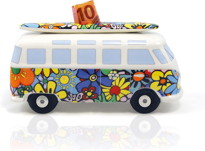 BRISA VW Collection - Volkswagen Spar-Büchse-Schwein-Dose mit Surfbrett im T1 Bulli Bus Samba Design