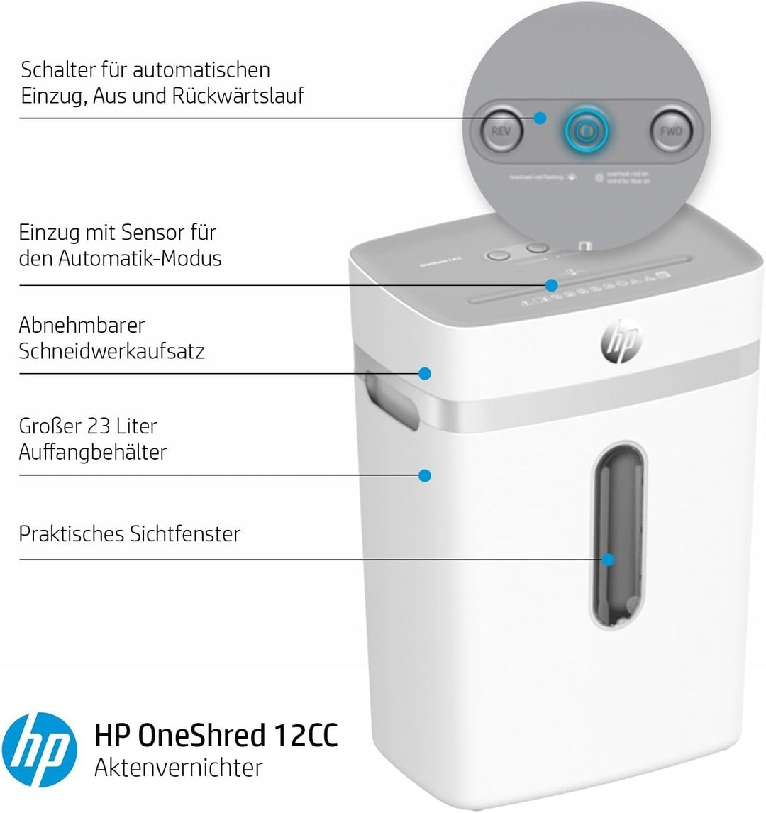 HP OneShred 12CC, Aktenvernichter, Sicherheitsstufe P-4, Cross Cut, 12 Blatt, 2802 weiss 12 Blatt Cr