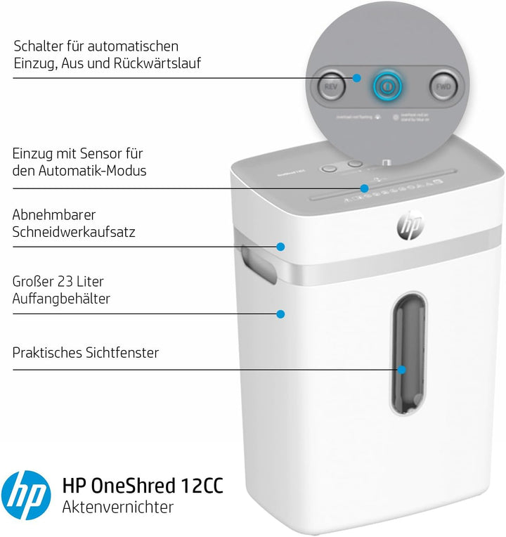 HP OneShred 12CC, Aktenvernichter, Sicherheitsstufe P-4, Cross Cut, 12 Blatt, 2802 weiss 12 Blatt Cr