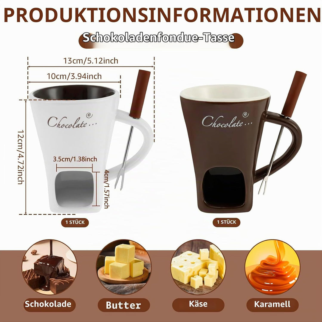 2 Stück Schokofondue Tasse,Keramik Schokoladenfondue Tasse mit Gabel Neu Käsefondue Set,Mehrzweck We