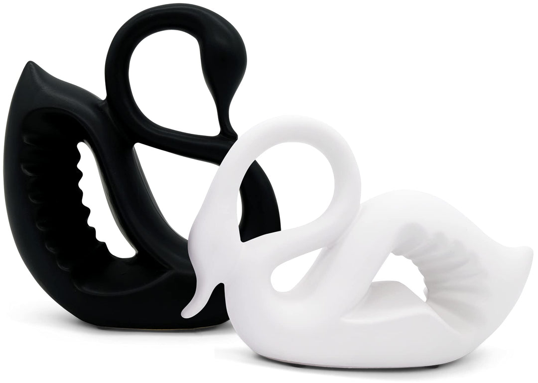 FeinKnick Grosses Schwanen-Paar aus Keramik in schwarz und weiss - Moderne Skulptur als Pärchen aus