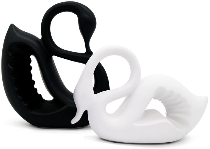 FeinKnick Grosses Schwanen-Paar aus Keramik in schwarz und weiss - Moderne Skulptur als Pärchen aus