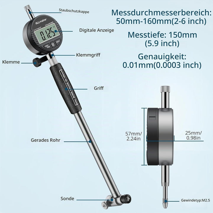 Digital Bohrungsmessgerät, Innenmessuhr 50–160 mm, 0,01 mm Genauigkeit, inkl. 12 Messköpfe und ABS-B