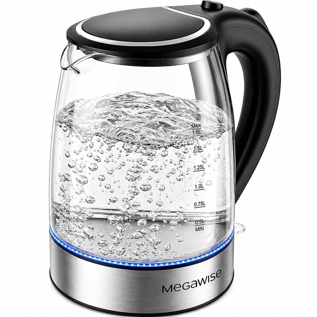 MEGAWISE 1.8L gesunder elektrischer Wasserkocher, 1000W Borosilikatglas Teekessel mit Lebensmittelqu
