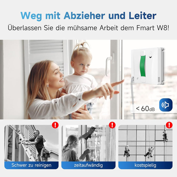 Fmart W8 fensterputzroboter mit sprühfunktion, 8000 Pa Saugkraft und Kantenerkennungstechnologie, Au